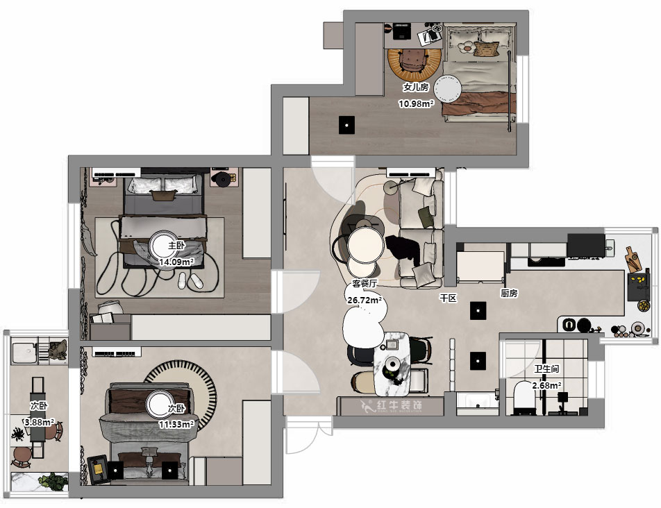 朱明琪|明月新寓花園12-102-85㎡-現(xiàn)代簡(jiǎn)約風(fēng)格|3室1廳1衛(wèi)|老房改造|定制家|全包11萬(wàn)|00_03平面彩圖